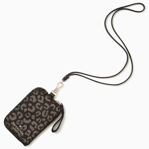 Kate Spade Leopard Print ID Card Lanyard Zipper Pouch Black/Gold Metallic